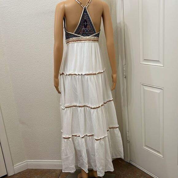 L'ATISTE White Tiered Sundress Maxi Halter Embroidered Sequins Bohemian Pearls - Picture 5 of 17